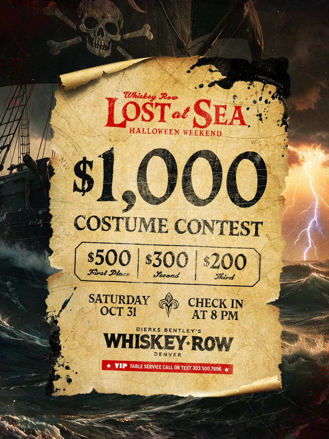 Whiskey Row Lost at Sea Halloween Weekend $1,000 Costume Contest flyer — $500 first, $300 second, $200 third. Saturday Oct 31, check in at 8 PM at Dierks Bentley's Whiskey Row Denver.