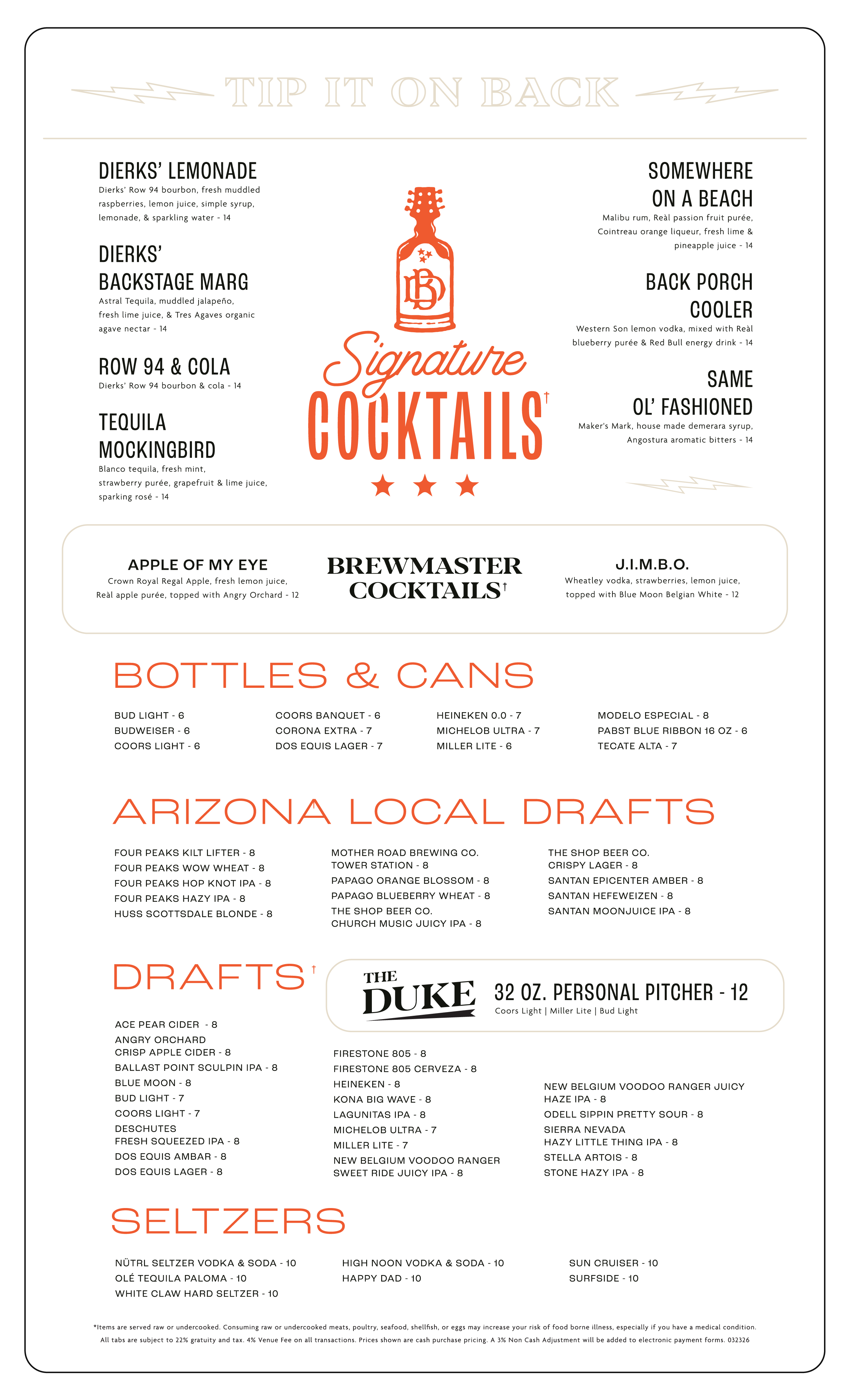 Full-panel drinks menu for Dierks Bentley's Whiskey Row Gilbert. Features "Tip It On Back" header design with signature cocktails including Dierks' Lemonade, Backstage Marg, Row 94 & Cola, Tequila Mockingbird, Somewhere on a Beach, Back Porch Cooler, and Same Ol' Fashioned, all at $14. Also includes Brewmaster Cocktails, Bottles & Cans, Arizona Local Drafts, Drafts (with The Duke 32 oz. pitcher), and Seltzers. Orange script logo and star decorations throughout.