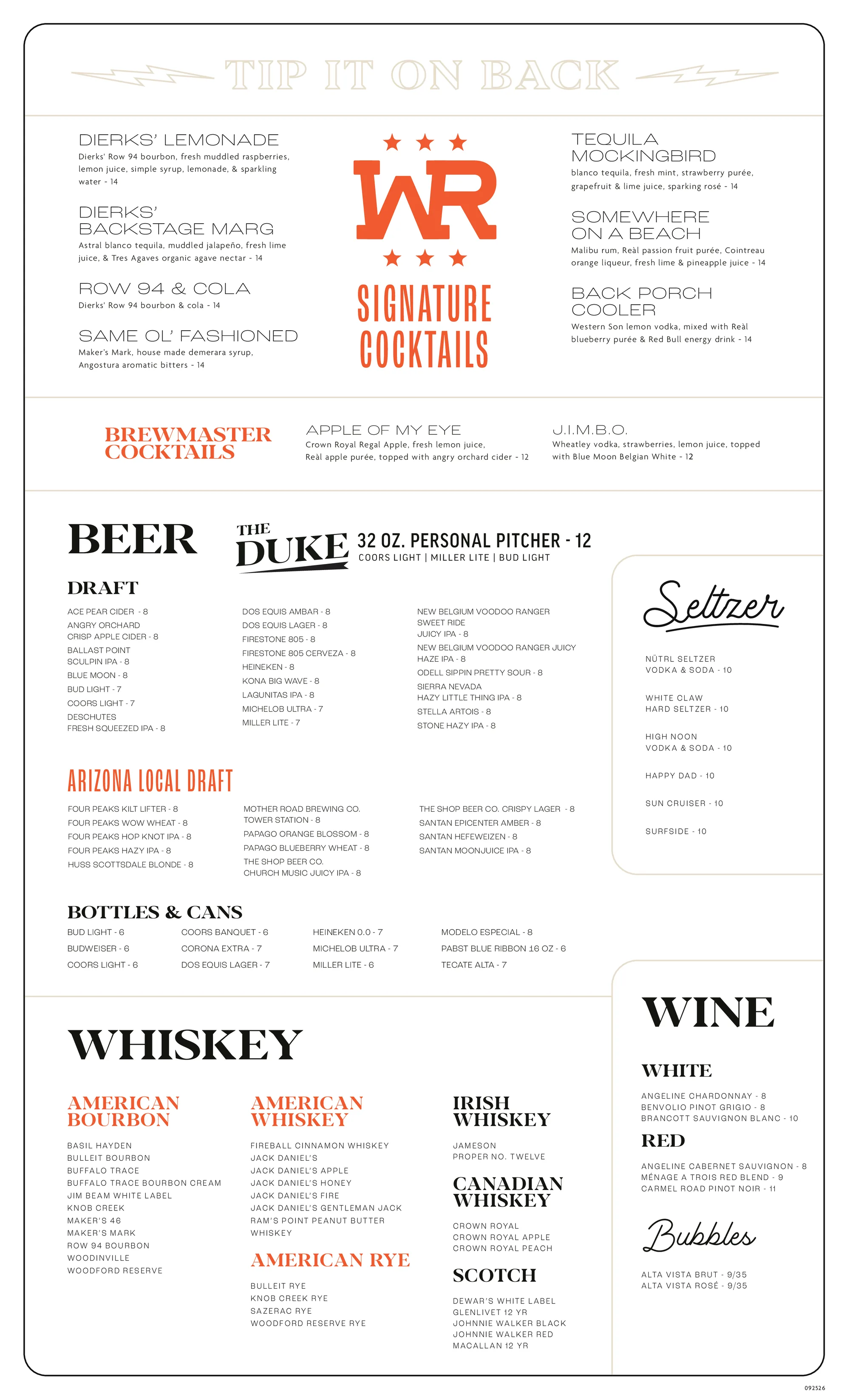Brunch drinks menu at Dierks Bentley's Whiskey Row Gilbert, with signature cocktails, brewmaster cocktails, draft and Arizona local beers, bottles and cans, seltzers, whiskey and wine