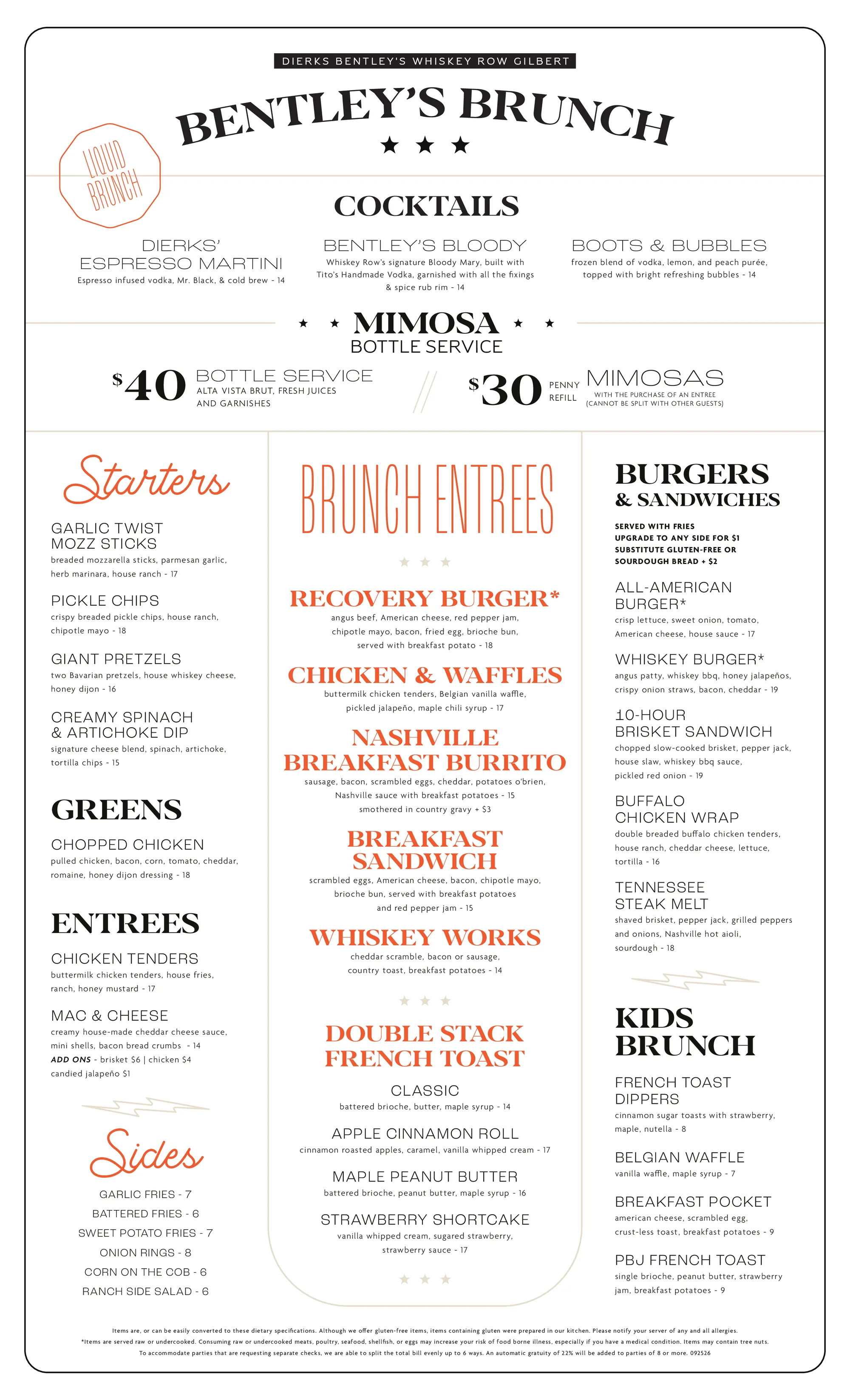 Bentley's Brunch food menu at Dierks Bentley's Whiskey Row Gilbert, with brunch cocktails, mimosa bottle service, starters, greens, entrees, brunch entrees, double stack French toast, burgers and sandwiches, sides and kids brunch